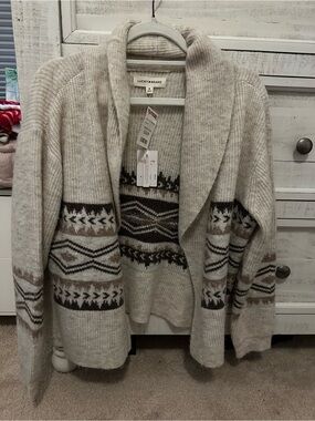 Lucky Brand Beige & Brown Fair Isle Shawl Collar Cardigan